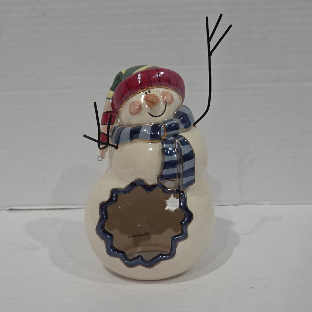 Blue Sky Heather Goldminc Snowman Tea Light Holder Ceramic Winter Decor 2004 6in